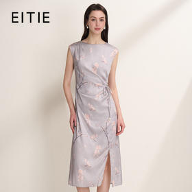 EITIE爱特爱气质圆领中式印花温柔收腰无袖缎面连衣裙2026夏新款