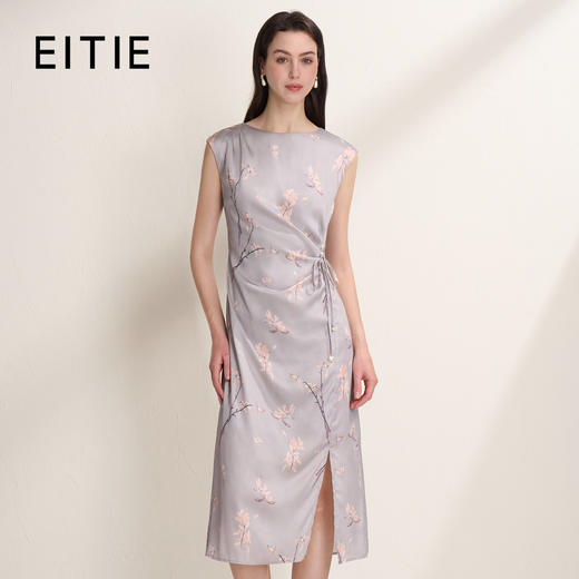 EITIE爱特爱气质圆领中式印花温柔收腰无袖缎面连衣裙2026夏新款 商品图0