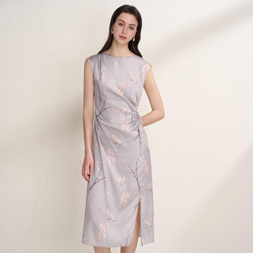 EITIE爱特爱气质圆领中式印花温柔收腰无袖缎面连衣裙2026夏新款 商品图1