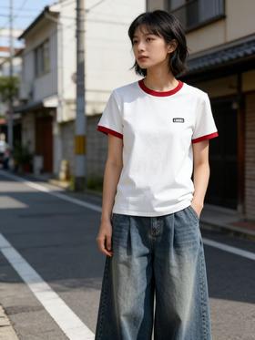 性价比天花板【自营】小标红色撞色领！4006精梳棉95%圆领短袖T恤上衣-喜出