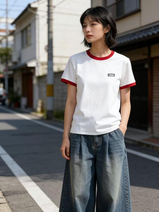 性价比天花板【自营】小标红色撞色领！4006精梳棉95%圆领短袖T恤上衣-喜出 商品图0