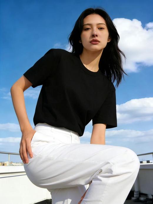 【自营】“黑色”纯色T恤！7808百搭95%棉圆领简约休闲短袖T恤上衣-喜出 商品图2