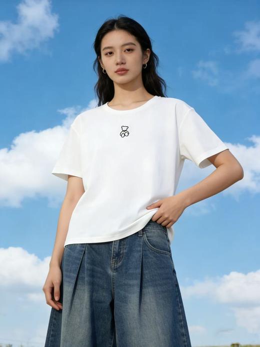 【自营】小熊刺绣！95%精梳棉圆领简约休闲短袖T恤上衣-喜出 商品图7