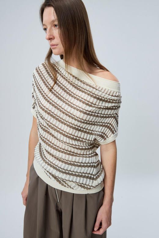 斜肩条纹短袖针织 商品图3