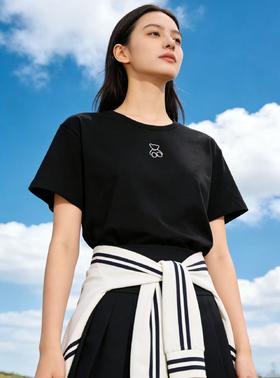 【自营】小熊刺绣！95%精梳棉圆领简约休闲短袖T恤上衣-喜出