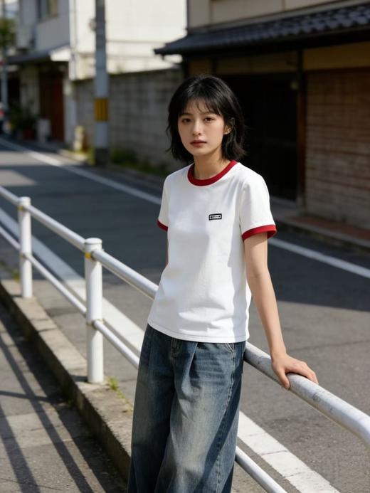 性价比天花板【自营】小标红色撞色领！4006精梳棉95%圆领短袖T恤上衣-喜出 商品图3