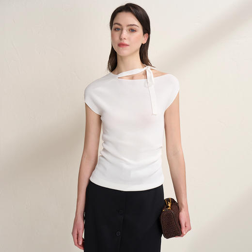 EITIE爱特爱优雅飘带领设计修身褶皱包肩短袖针织衫2026夏季新款B2601202 商品图9