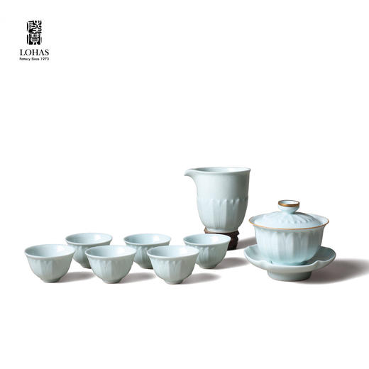 陆宝新品宋韵定窑莲华纹盖碗茶组雅致好礼送长辈朋友领导客户礼盒莲华盖碗茶组(青瓷冰裂) 商品图0