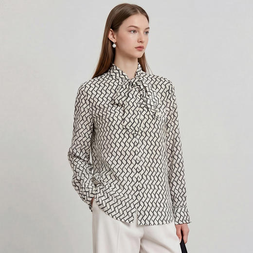 EITIE爱特爱气质飘带通勤百搭印花衬衫上衣春新款8109801 商品图3