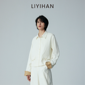 2026夏季新款女桑蚕丝干丝翻领短外套米白设计感短款夹克