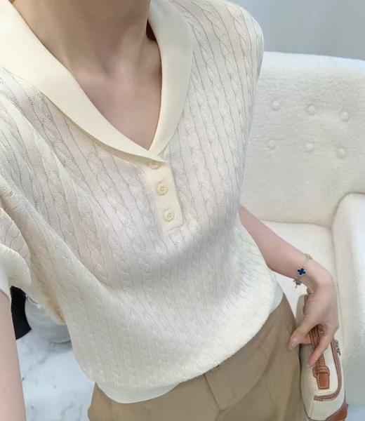 FS竹纤维女士时尚小翻领麻花编针织半袖623 商品图0