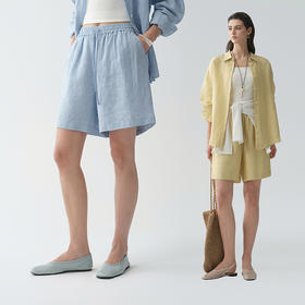 初棉色织亚麻宽松短裤372624002 | 舒适透气不闷、简约舒适、幻蓝色/透明黄两个颜色选择
