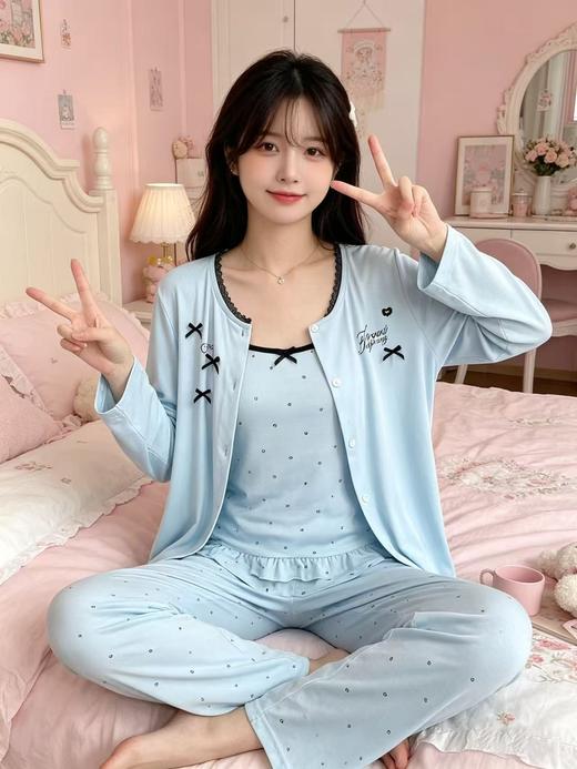 三件套！！有胸垫【自营】可外穿胸垫吊带+外搭+长裤睡衣套装-喜出 商品图0