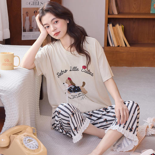 【初夏焕新】自然醒清梦家居服（带胸垫）睡衣女夏100纯棉短袖薄款七分裤可外穿家居服套装QH 商品图6