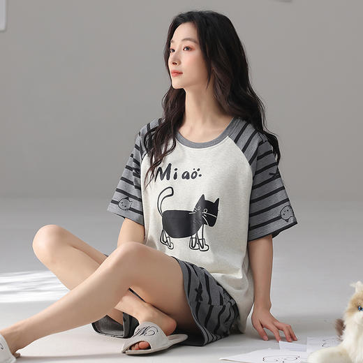 【春夏上新】自然醒素柔女士家居服（带胸垫）100%棉短袖套头睡衣QH 商品图9