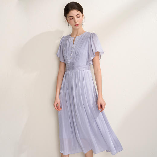 EITIE爱特爱流光缎气质优雅荷叶袖收腰显瘦褶皱连衣裙2026夏新款B2607234 商品图3