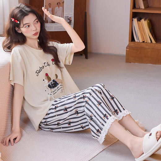 【初夏焕新】自然醒清梦家居服（带胸垫）睡衣女夏100纯棉短袖薄款七分裤可外穿家居服套装QH 商品图8