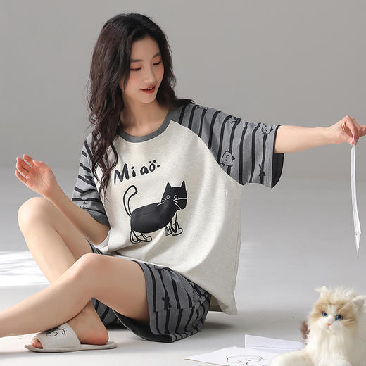 【春夏上新】自然醒素柔女士家居服（带胸垫）100%棉短袖套头睡衣QH 商品图10