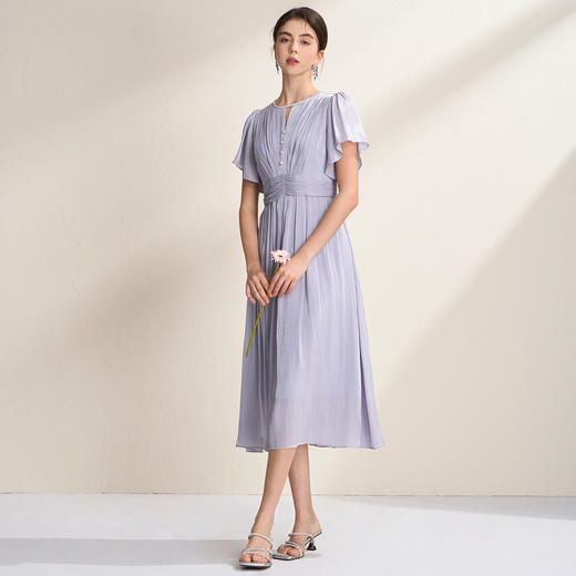 EITIE爱特爱流光缎气质优雅荷叶袖收腰显瘦褶皱连衣裙2026夏新款B2607234 商品图1