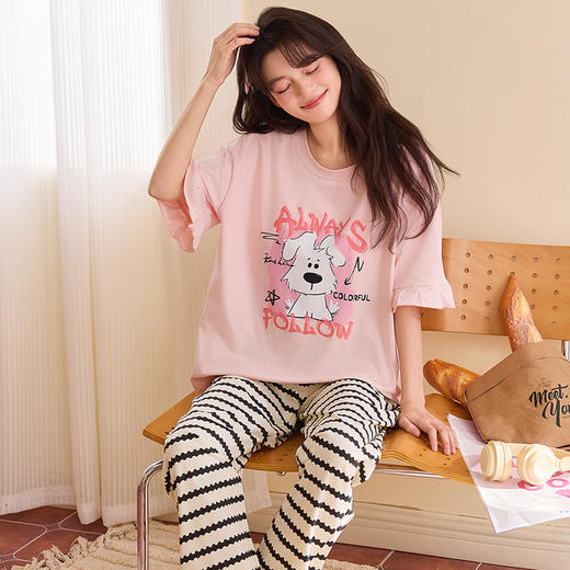 【初夏焕新】自然醒桃气家居服睡衣女款夏季100%纯棉短袖长裤少女夏家居服全棉套装QH 商品图5
