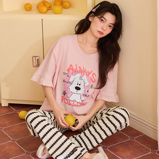 【初夏焕新】自然醒桃气家居服睡衣女款夏季100%纯棉短袖长裤少女夏家居服全棉套装QH 商品图1