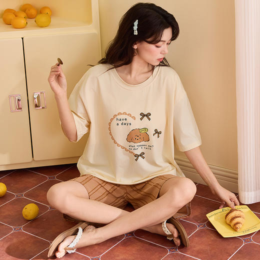 【初夏焕新】自然醒青梨家居服睡衣女款夏季100%纯棉短袖短裤夏天家居服女士夏款套装可外穿QH 商品图1
