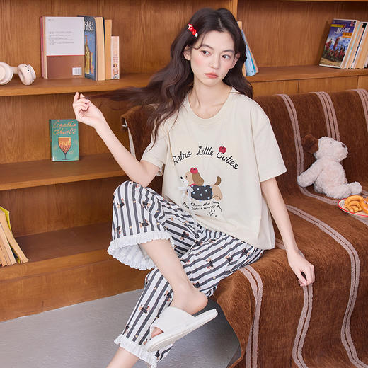【初夏焕新】自然醒清梦家居服（带胸垫）睡衣女夏100纯棉短袖薄款七分裤可外穿家居服套装QH 商品图11