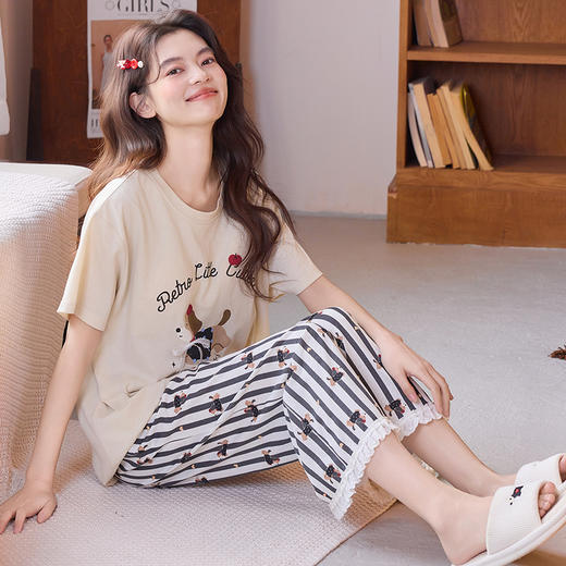 【初夏焕新】自然醒清梦家居服（带胸垫）睡衣女夏100纯棉短袖薄款七分裤可外穿家居服套装QH 商品图7