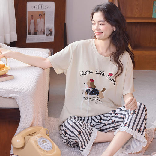 【初夏焕新】自然醒清梦家居服（带胸垫）睡衣女夏100纯棉短袖薄款七分裤可外穿家居服套装QH 商品图5