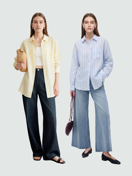 【土豆妈同款】彩色亚麻条纹衬衫 ，精致翻领设计修饰脖颈线条，天然环保，透气舒适 商品图3