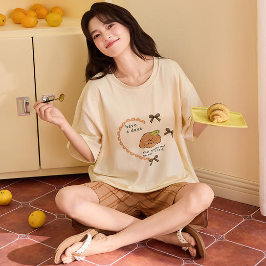 【初夏焕新】自然醒青梨家居服睡衣女款夏季100%纯棉短袖短裤夏天家居服女士夏款套装可外穿QH 商品图0