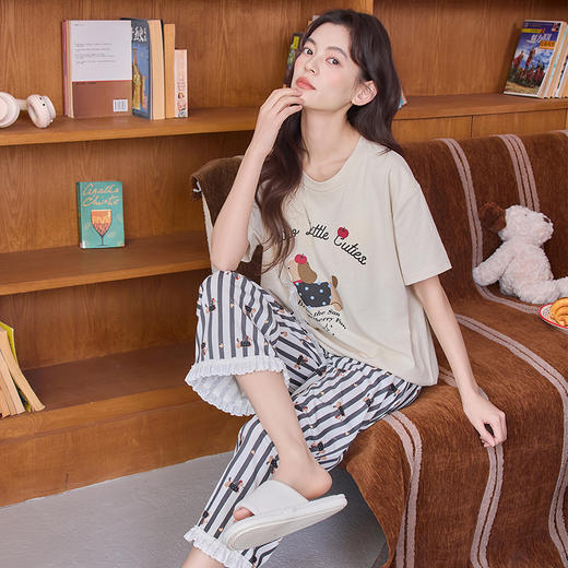 【初夏焕新】自然醒清梦家居服（带胸垫）睡衣女夏100纯棉短袖薄款七分裤可外穿家居服套装QH 商品图12