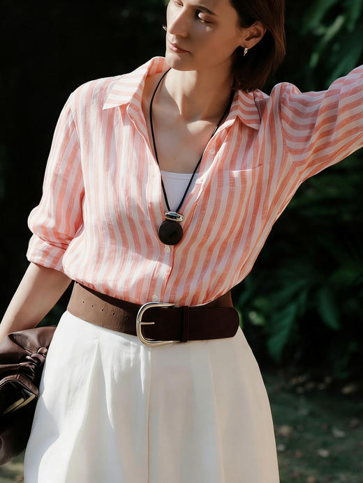 【土豆妈同款】彩色亚麻条纹衬衫 ，精致翻领设计修饰脖颈线条，天然环保，透气舒适 商品图7