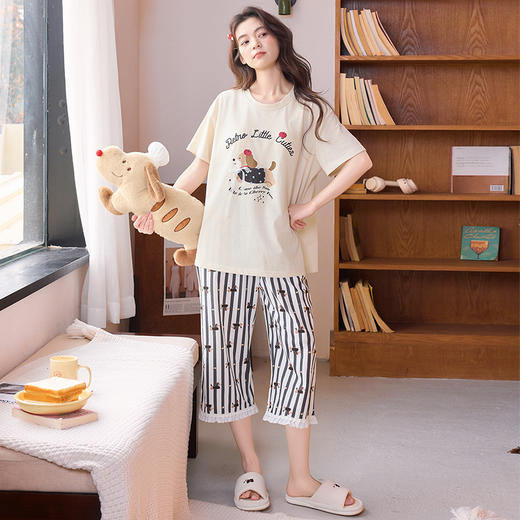 【初夏焕新】自然醒清梦家居服（带胸垫）睡衣女夏100纯棉短袖薄款七分裤可外穿家居服套装QH 商品图2