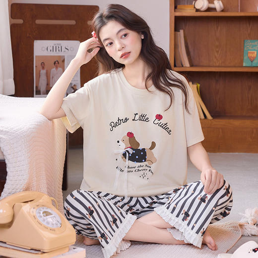 【初夏焕新】自然醒清梦家居服（带胸垫）睡衣女夏100纯棉短袖薄款七分裤可外穿家居服套装QH 商品图3