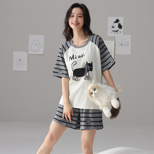 【春夏上新】自然醒素柔女士家居服（带胸垫）100%棉短袖套头睡衣QH 商品图3