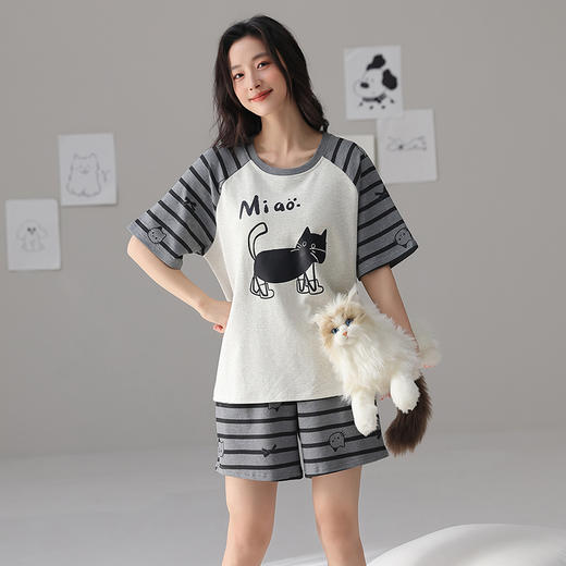 【春夏上新】自然醒素柔女士家居服（带胸垫）100%棉短袖套头睡衣QH 商品图2