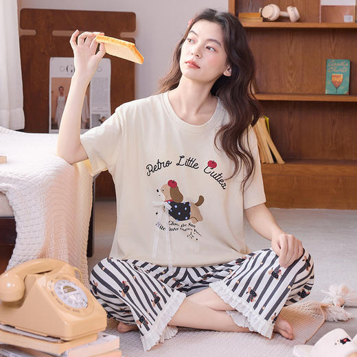 【初夏焕新】自然醒清梦家居服（带胸垫）睡衣女夏100纯棉短袖薄款七分裤可外穿家居服套装QH 商品图4