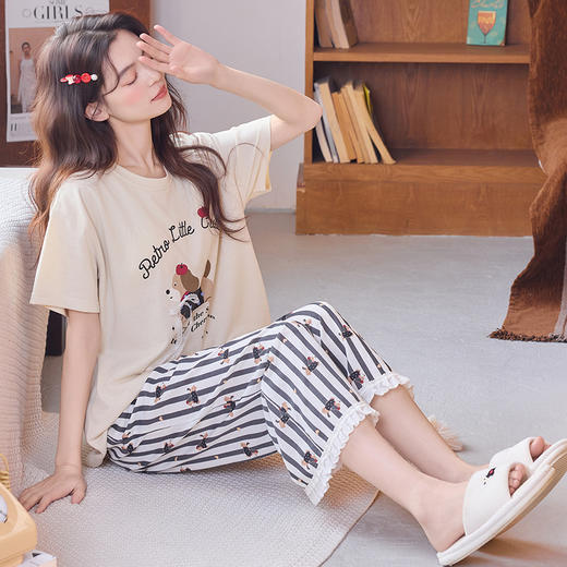 【初夏焕新】自然醒清梦家居服（带胸垫）睡衣女夏100纯棉短袖薄款七分裤可外穿家居服套装QH 商品图10