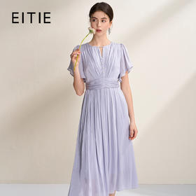 EITIE爱特爱流光缎气质优雅荷叶袖收腰显瘦褶皱连衣裙2026夏新款B2607234