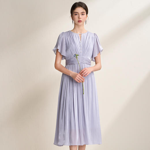 EITIE爱特爱流光缎气质优雅荷叶袖收腰显瘦褶皱连衣裙2026夏新款B2607234 商品图2