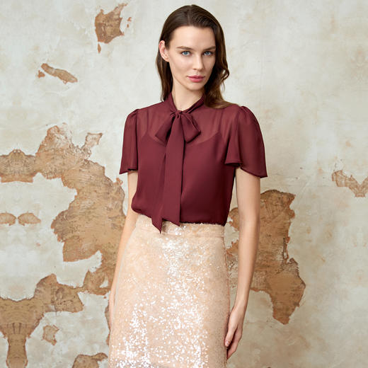 EITIE爱特爱气质飘带显瘦直筒短袖衬衫上衣夏新款8209909 商品图4