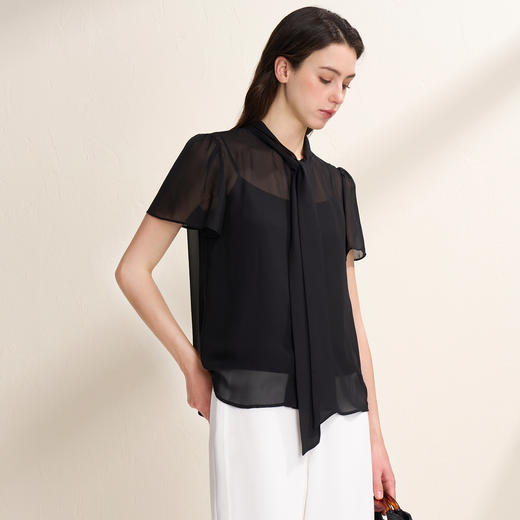 EITIE爱特爱气质飘带显瘦直筒短袖衬衫上衣夏新款8209909 商品图7
