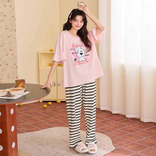 【初夏焕新】自然醒桃气家居服睡衣女款夏季100%纯棉短袖长裤少女夏家居服全棉套装QH 商品图2