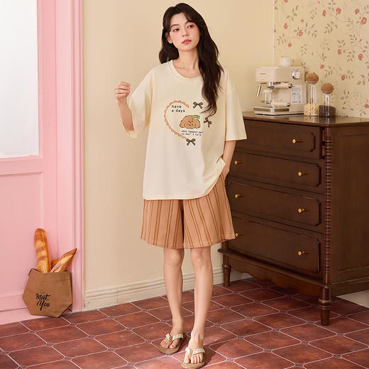 【初夏焕新】自然醒青梨家居服睡衣女款夏季100%纯棉短袖短裤夏天家居服女士夏款套装可外穿QH 商品图4