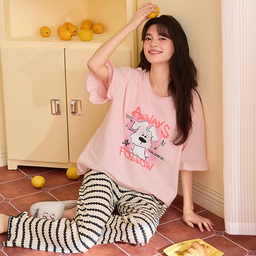 【初夏焕新】自然醒桃气家居服睡衣女款夏季100%纯棉短袖长裤少女夏家居服全棉套装QH 商品图0