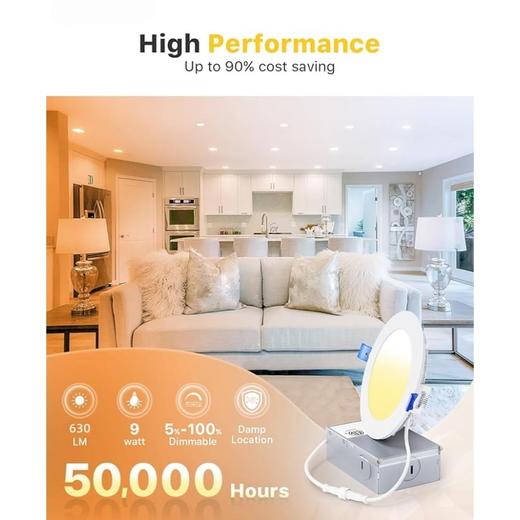 【单个装】可调光LED嵌入式灯 超薄无筒晶圆天花板灯 630LM高亮度 2700K-5000K 5CCT 9W 130V 商品图1
