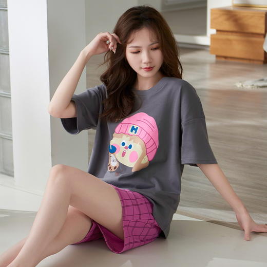 自然醒彩虹牛奶丝（带胸垫）一体睡衣女夏短袖薄款韩范甜美休闲可外穿家居服QH 商品图6