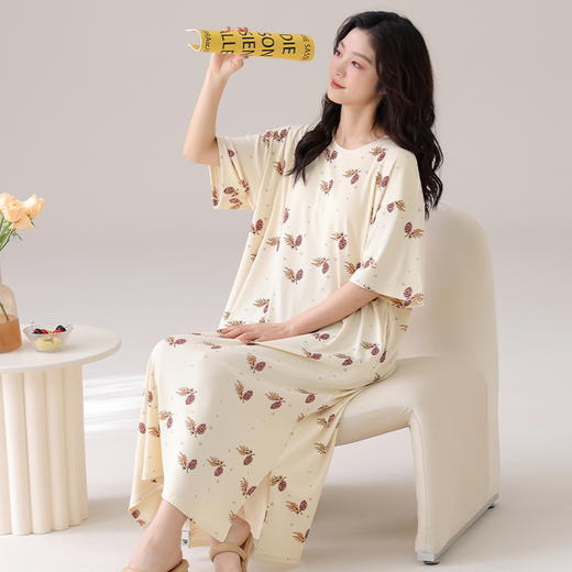 自然醒月半夏季（带胸垫）韩版中长款冰丝睡裙女款短袖连衣裙家居服可外穿QH 商品图9