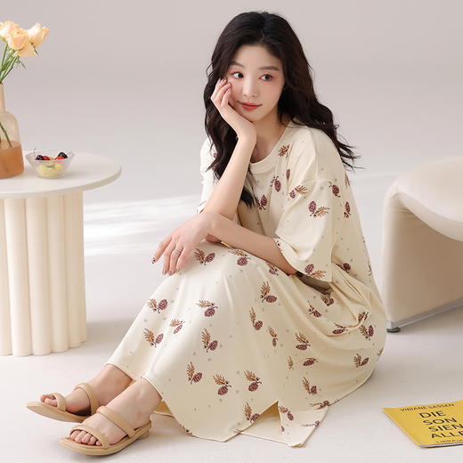 自然醒月半夏季（带胸垫）韩版中长款冰丝睡裙女款短袖连衣裙家居服可外穿QH 商品图11